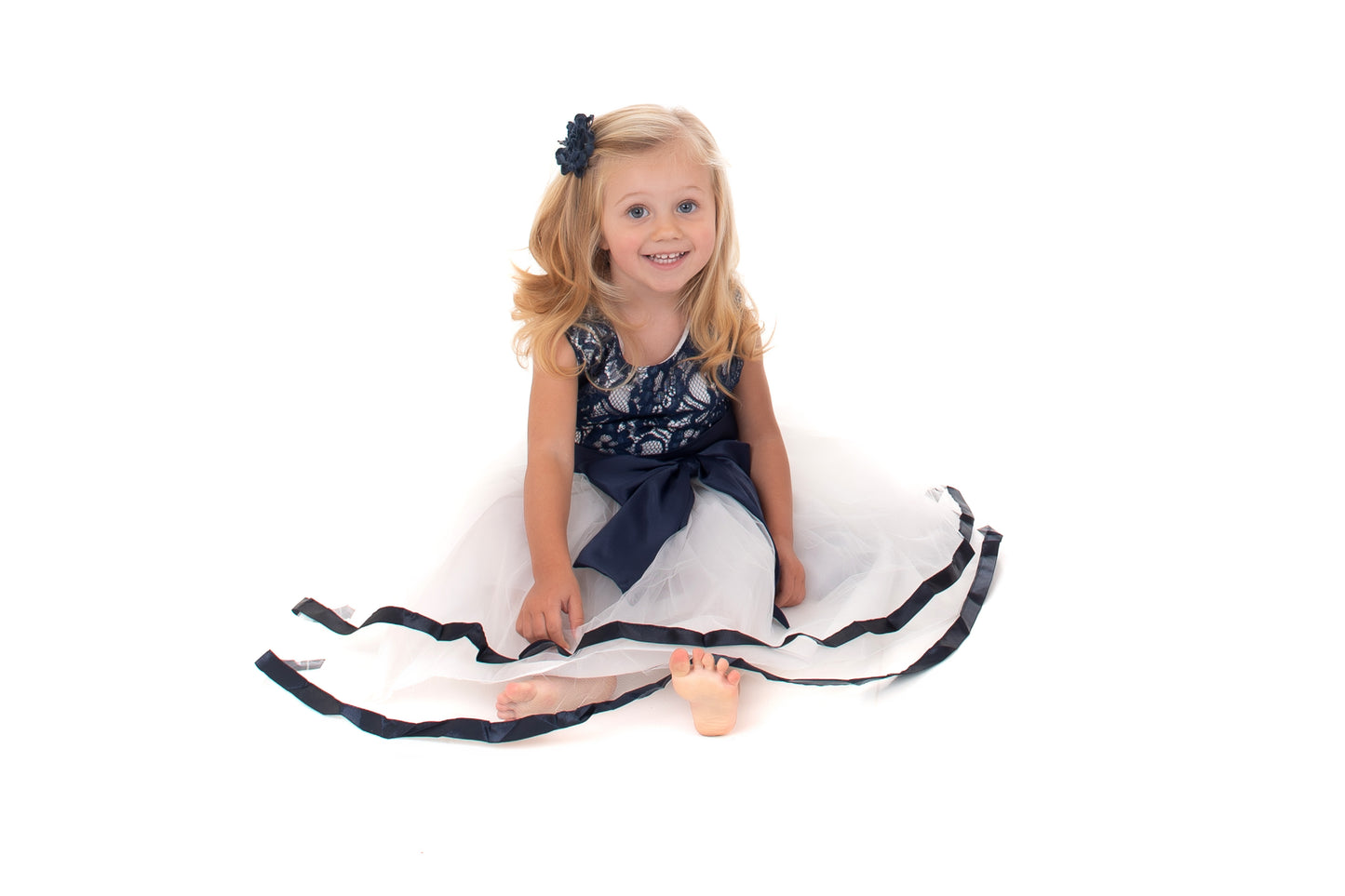 White and Navy Lace and Bow Detail Dress