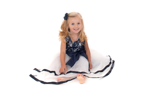 White and Navy Lace and Bow Detail Dress