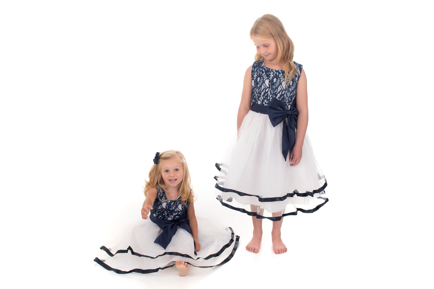 White and Navy Lace and Bow Detail Dress