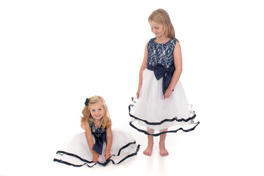 White and Navy Lace and Bow Detail Dress