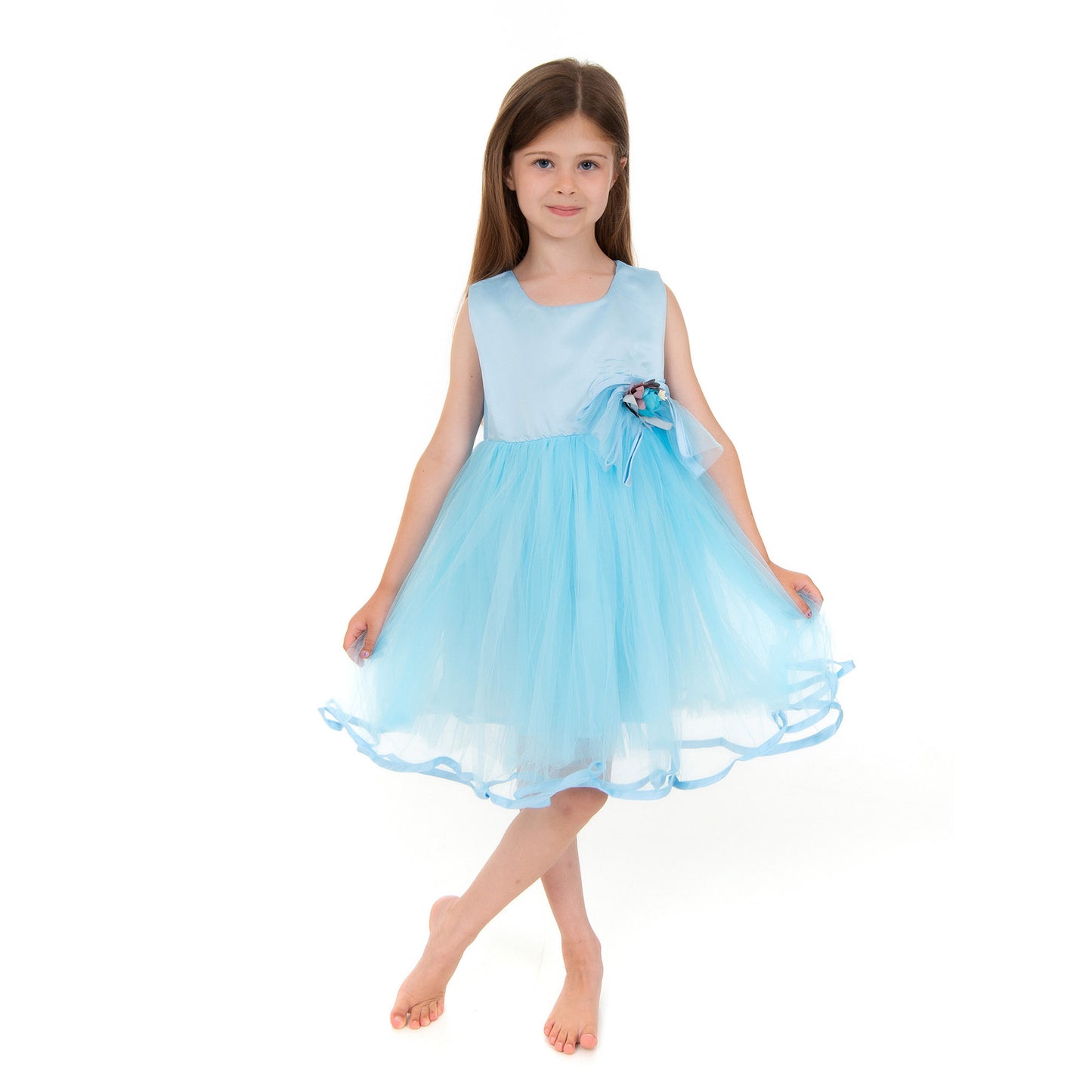 Blue Satin and Chiffon Flower Dress