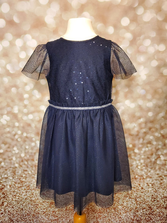 Midnight Blue Sequin and Sparkle Sleeve Dress